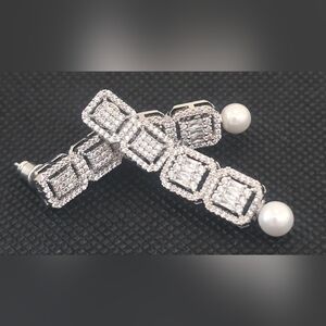 Elegant Vintage Art Deco Style Silver Tone Clear CZs and Pearl Earrings